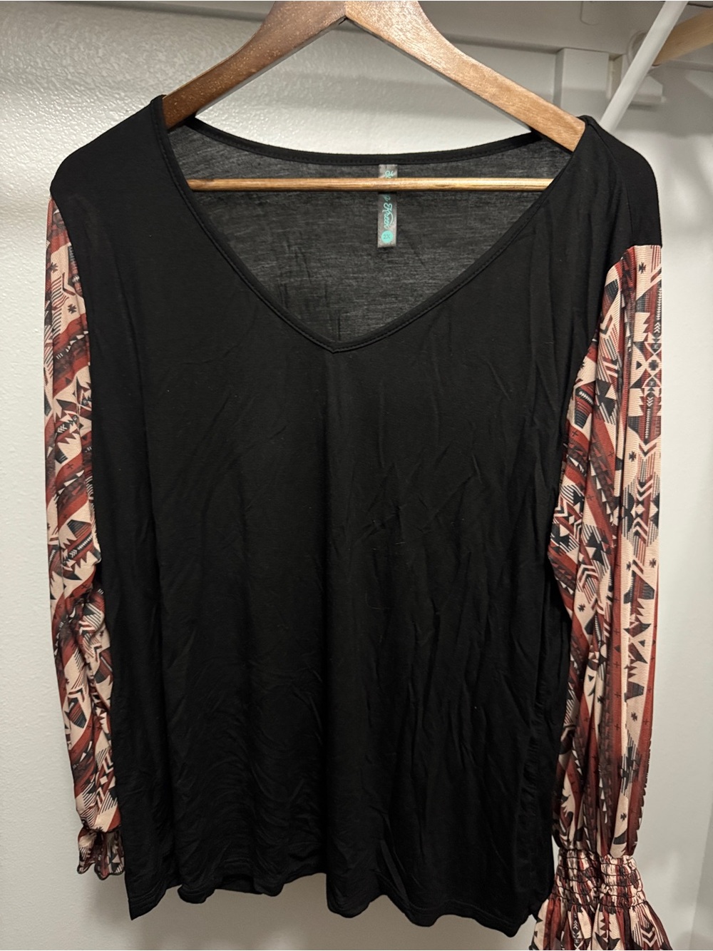 Sterling Kreek Long Sleeve Tee with Rust Aztec Print Sleeves